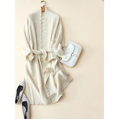 Long Cardigan Women 100% Cashmere High Quality Lace Up Vintage Turn-down Collar Women Winter Sweater Clothes