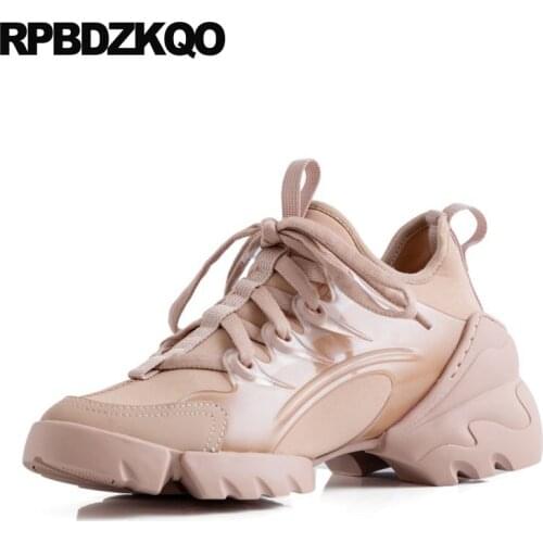 Designer women brand genuine leather transparent creepers flats wide fit shoes ladies brown platform fitness trainers sneakers