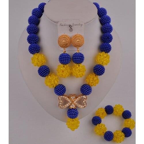Royal Blue & Yellow Beaded Necklace African Jewelry Set Nigeria Wedding Bridal Set