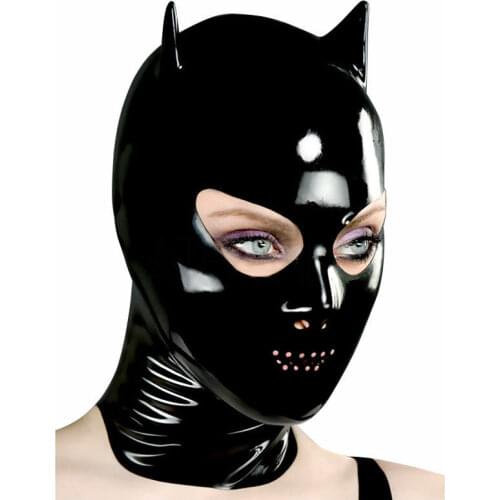 Handmade Sexy Black Cat Ear Latex Mask Rubber Hood Gummi Catwomen Open Pinhole Mouth with Back Zipper