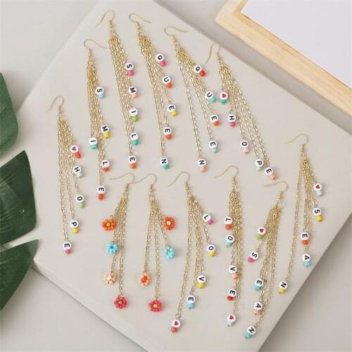 Fashion Gold Metal Chain Tassel Drop Earrings For Women Trendy Handmade Acrylic Bead Letter Dangle Earring Girls Gift Jewelry