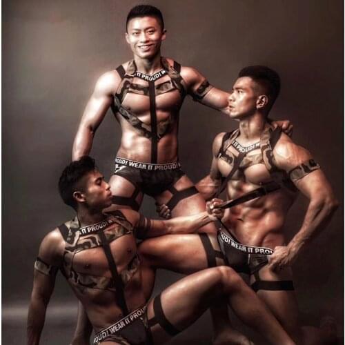 Free delivery with elastic chest band vest party performance theme clothing nightclub bar mens DS sexual emotion camouflage jum