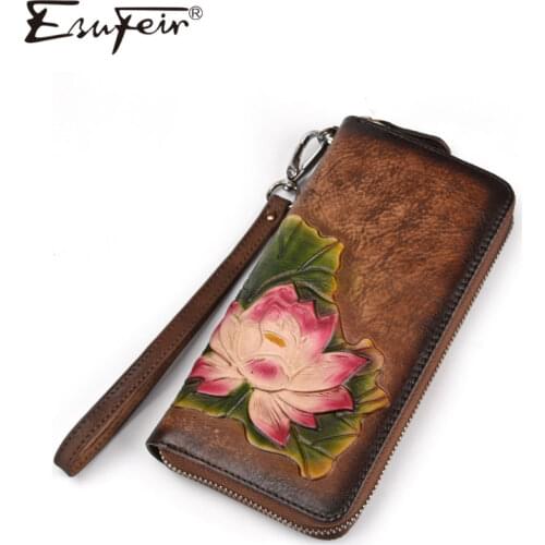 2019 New Genuine Leather Womens Wallet Vintage Embossed Luxury Brand Long Wallet Multi-card Wallet Purse Daily Clutch Bag