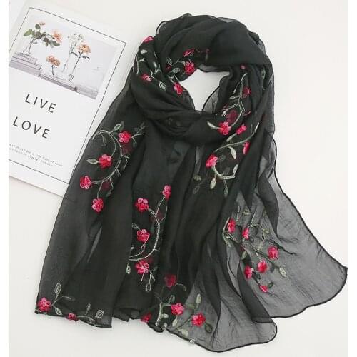 Plain Embroider Floral Silk Chiffon Shawl Scarf Lady Fashion Thin Soft Beach Wrap Stitch Scarfs and Hijab Foulard Sjaal 170*65Cm