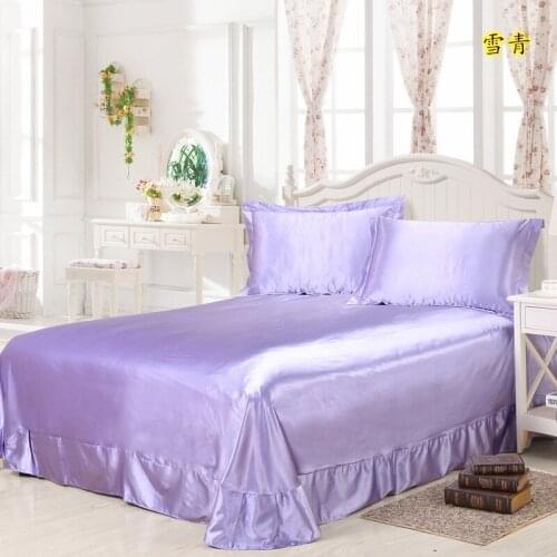 Luxurious Silky Satin Blue Bed Covers Solid Color Comfortable Sheets Double Beds Flouncing Lace Bed Flat Sheet for Bedroom Decor