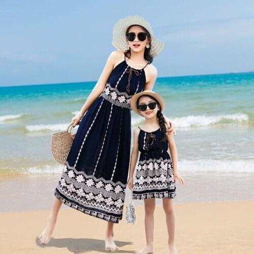 Family Matching Clothes Mother Daughter Dress Sleeveless Breathable Sundress Ethnic Style Lace-up Women Beach Wear Girls Outfits