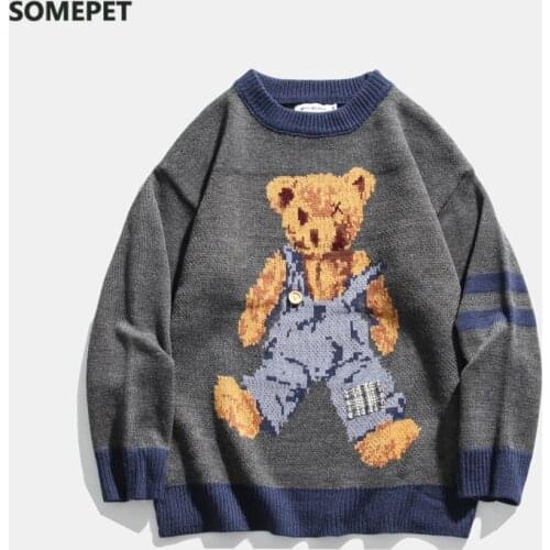 Sweater Men Vintage Teddy Bear Pattern Acrylic O-neck Hip Hop Streetwear Harajuku 2020 Autumn New Sweter Pullover Male Sweaters