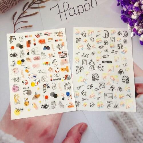 High Quality 9*12cm Japanese Style Creative Nail Stickers Graffiti Simple Drawings Cucoloris Dry Nail Decals Manicure Nail Art