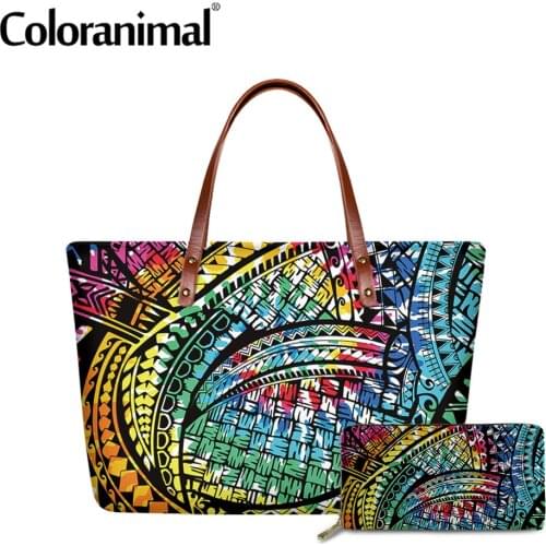 Coloranimal New Style Women Tribal Gradient Polynesian Printed Shoulder Bag for Women Large Tote Bag 2Pcs/Set Handbag&Wallet Hot