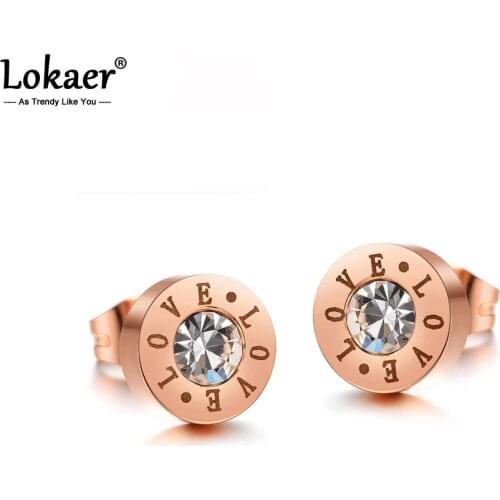 Lokaer Luxury Stainless Steel CZ Crystal Stud Earrings Jewelry For Women Romantic LOVE Letter Rose Gold Color Earrings E17106
