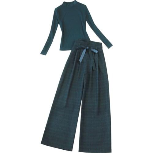 Set female 2019 fashion new long sleeve dark green plus velvet wild bottoming shirt and high waist wide leg pants suit