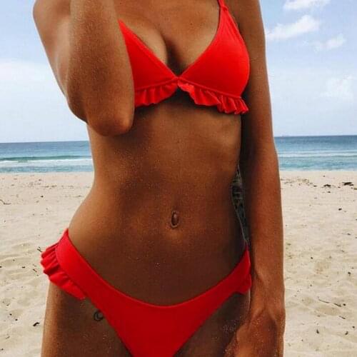 2020 Pure Color Bikini Women Swimwear Push Up Swimsuit High Waist Biquini Halter Backless Bathing Suit Ruffle Beach Wear Summer