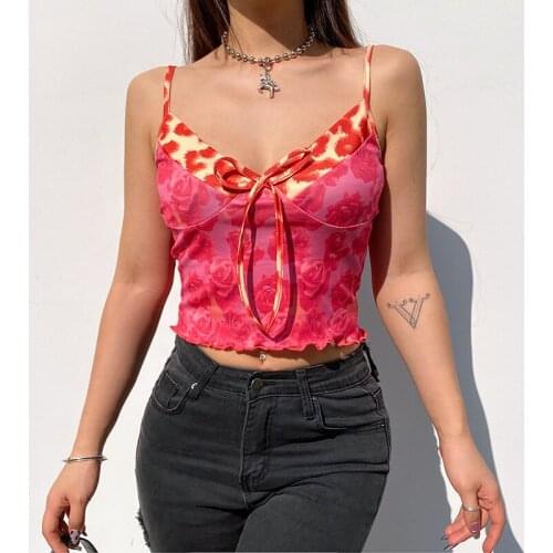 Womens Vest, Floral Printed Sling V-neck Lace Up Sleeveless Ruffled Hem Tops for Female