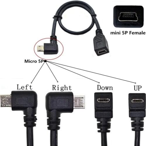 0.25M 90 degree Right Left Up Down Angled Micro USB 2.0 male to Mini USB 5pin Female OTG Data Extension Cable 25cm micro-USB