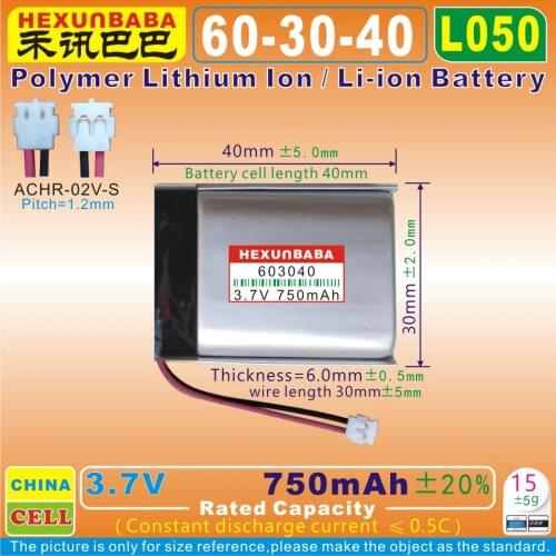 2pcs [L050] 3.7V 750mAh [603040] ACHR-02V-S Polymer Li-Ion Battery for Cyclocomputer GARMIN Approach G30 361-00043-02