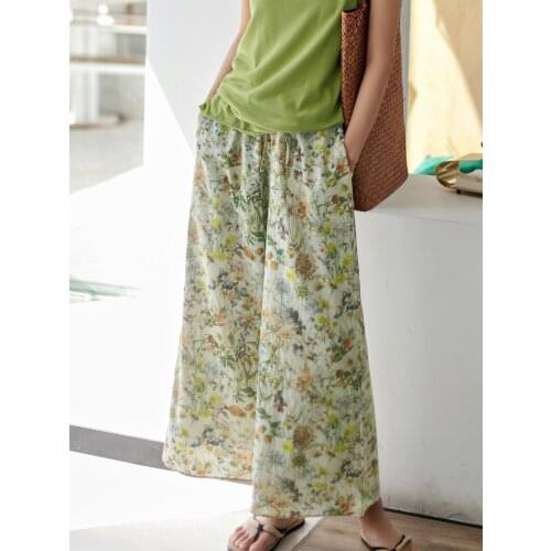 21 summer dress new literature and art pastoral printing ramie straight pants casual wide leg pants women 2021058