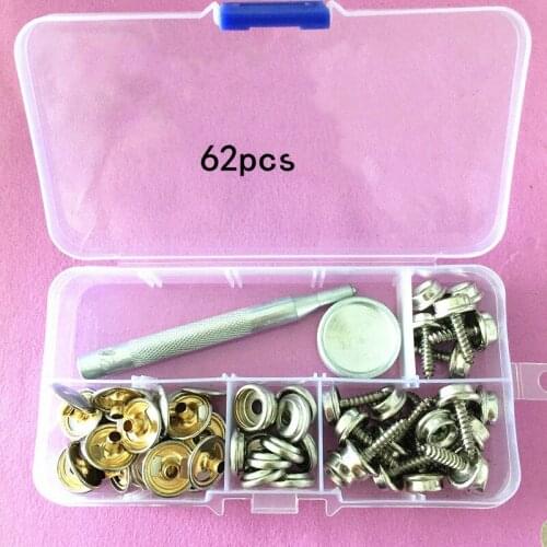 62PCS/Set 15mmt Metal Button Snaps Press Studs Leather Fasteners Kit Snaps for Clothes Copper Buttons Stainless Steel Screws