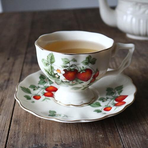 Golden Edge Large Strawberry Vintage Creamy Ceramic Coffee Cup Saucer