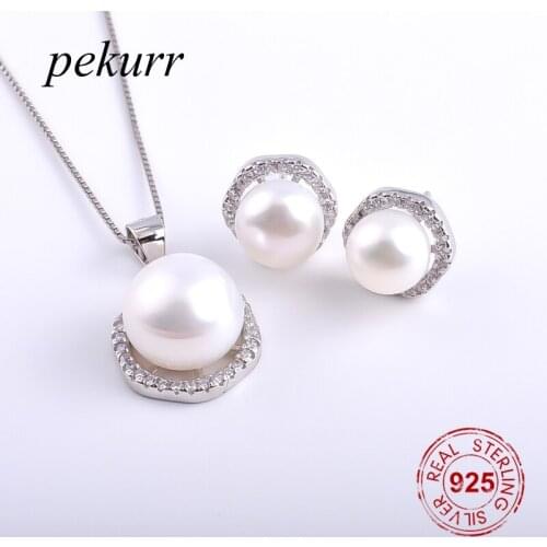 Pekurr 925 Sterling Silver Zircon Hexagon Freshwater Natural Pearl Earrings Necklace Sets For Women Geometry Pendants Jewelry