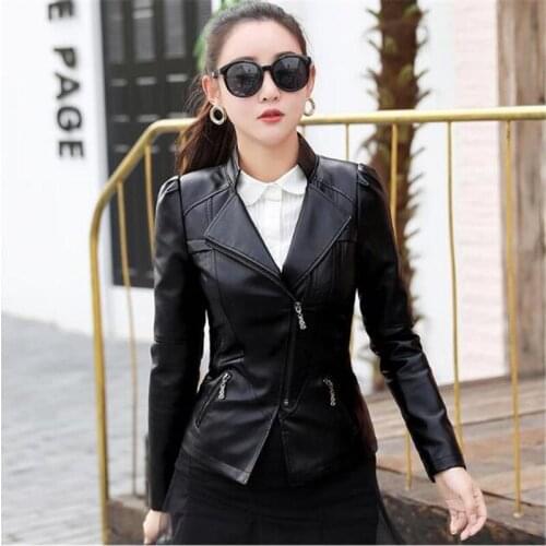 Leather Jacket Womens 22020 New Slim Stand Collar Faux Pu Leather Jacket Women Fashion Casual OL Office Lady Leather Coats Top