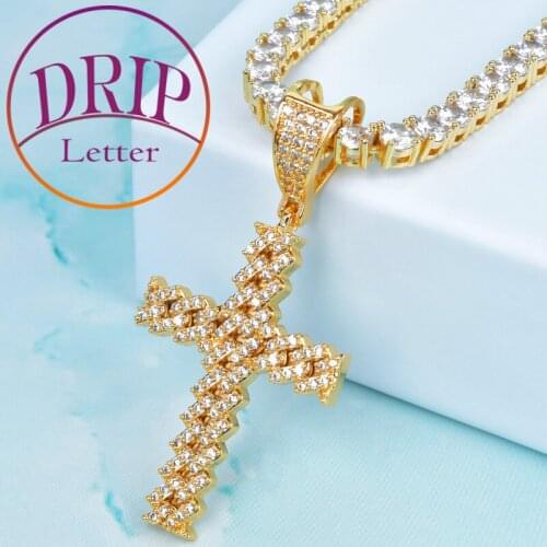 Cuban Cross Gold Color Zircon Pendant Necklace For Men Hip Hop Bling Necklace Jewelry