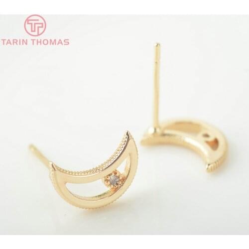 10PCS 10x7MM 24K Gold Color Brass with Zircon Moon Stud Earrings Pins High Quality Diy Jewelry Findings Accessories