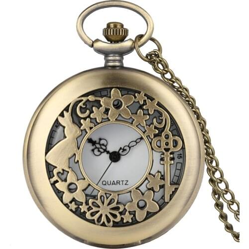 Antique Woman Alice in Wonderland Rabbit Cat Quartz Pocket Watch Flowers Hollow Vintage Fob Watches Bronze Necklace Pendant Gift