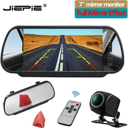 JIEPIE 7 inch Reversing camera monitor kit, Car Rear View Parking White Mirror Monitor with Night Vision Rear view camera