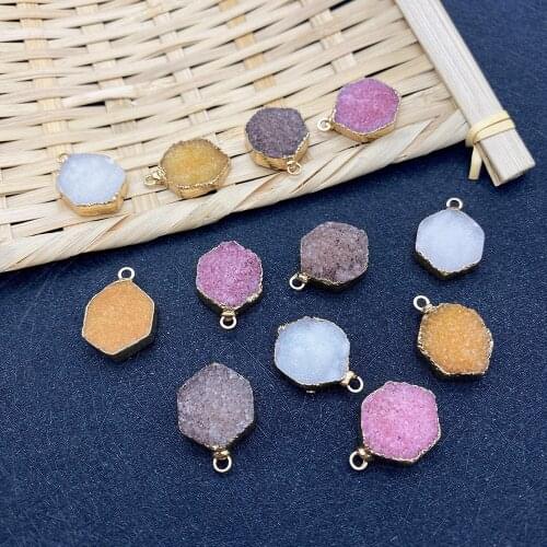 Natural Stone Crystal Hexagonal Multicolor Pendant Powder Crystal Opal Electroplating Process To Make 3 Charm Necklace Jewelry