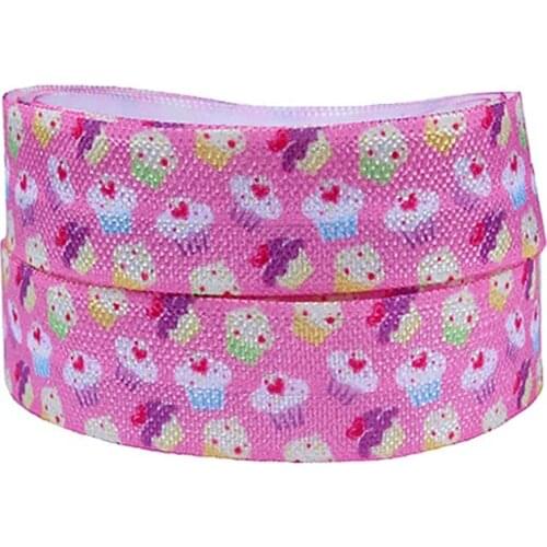 Wholesale cupcake printed pink elastic ribbon, 50 yards Valentine design foe fold over elastic