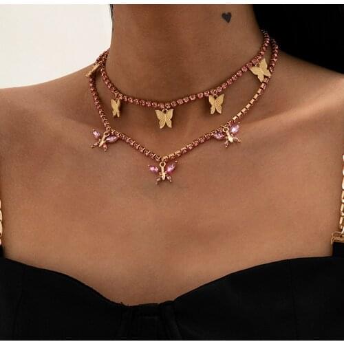 Pink Diamond Butterfly Necklace Cross-border Fashion Street Style Jewelry In Europe and America Multi-layer Claw Chain Necklace