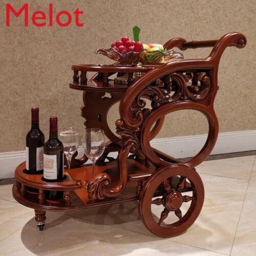 European-style Dining Cart Trolley Hotel Commercial Solid Wood Mobile Tea Cart Household Trolley European Double-decker Wine