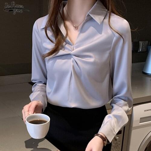 2021 Spring New Korean Style V-neck Blouse Women OL Solid Pullover Shirts Long Sleeve Clothes Blusas Mujer De Moda 8972 50