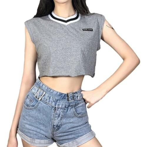 2021 New Women Summer Tank Tops, Letters Print Splicing V-Neck Sleeveless Loose Crop Tops for Girls, Gray