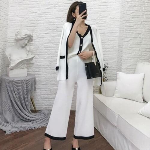 Women Casual Ol Pant Set 2021 Spring Ladies Small Fragrant V Neck Vest Top+cardigan+wide-leg Pants Suit Knitted Three-piece Suit