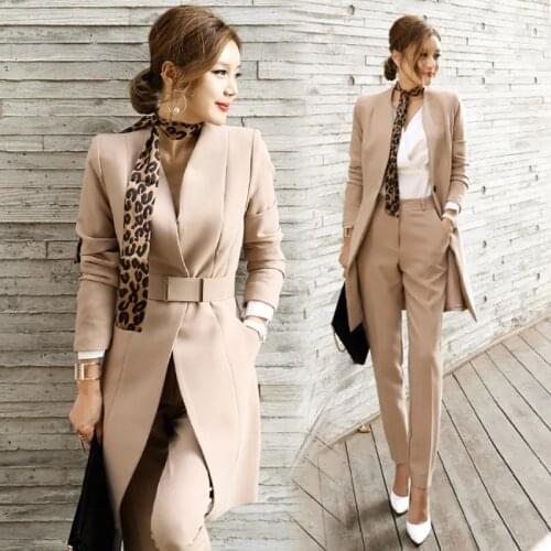 New fashion female solid color pants full sleeve v-neck temperament slim suit women comfortable high quality set gift a scarf