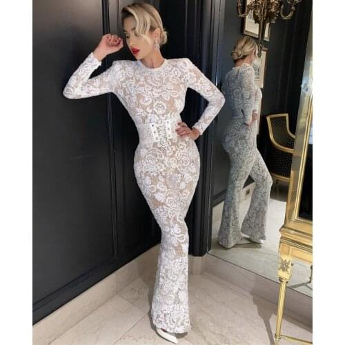 High Street Women Sexy Long Sleeve White Red Glitter Sequins Bodycon Bandage Jumpsuit 2021 Celebrity Designer Ladies Rompers