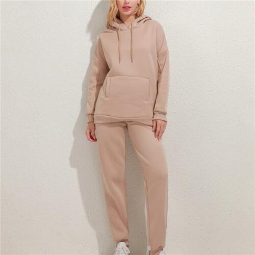 Women Autumn Tracksuit 2 Pcs/Set Hooded Loose Long Sleeves Pockets Fashion Hoodies Solid Color Pants Streetwear Ladies Suits