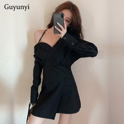 Black High Street Dress 2021 Autumn Sexy Strapless Shoulders Long Sleeves Fashion Temperament Asymmetric Womens Dresses