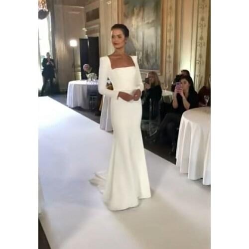 2021 Vintage Stretchy Satin Long Mermaid Wedding Dresses with Sleeves Sweep Train Open Back Bridal Gown for Women платье