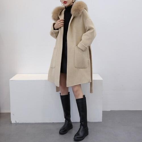 2021 Autumn Fashion Fox Fur Collar Hooded Wool Coats Female Double-faced Woolen Coat High Quality Jackets Casaco Feminino Gmm108