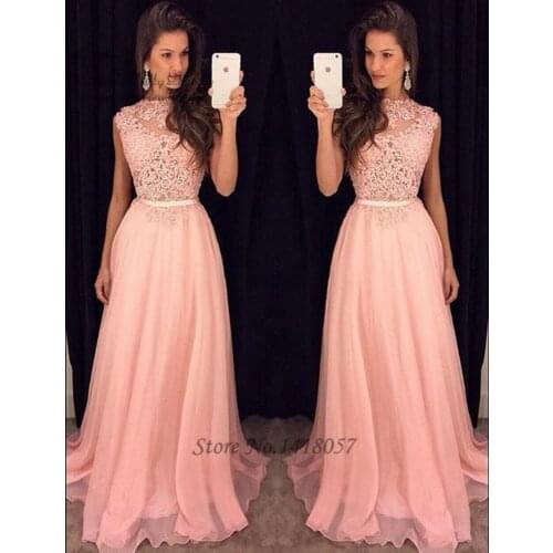 Vintage Pink Lace Formal Evening Dresses Gowns Long O Neck Cheap Prom Dress 2017 Vestido Longo de Festa Renda Robe de Soiree