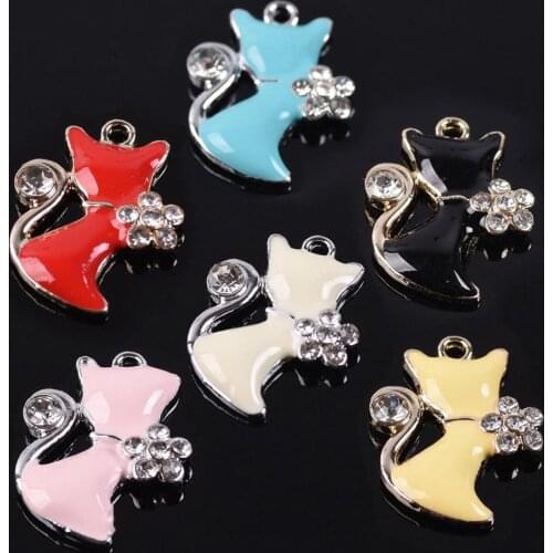 10pcs 22x18mm Cat Enamel Metal Crystal Charm Loose Pendants Beads Wholesale lot for Jewelry Making DIY Charms Findings