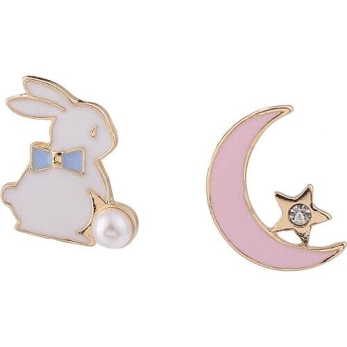 Asymmetry Stud Ears Trendy Cute Rabbit Moon Earrings For Women Simple Alloy Pearl Jewelry Accessories Girl Gift