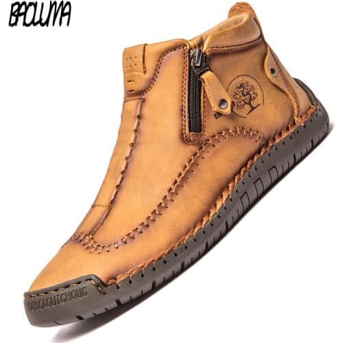 Brand Mens Boots Leather Mens Ankle Boots Work Boots Metal Zipper Outdoor Handmade Men Moccasin Platform High Top Men Shoes