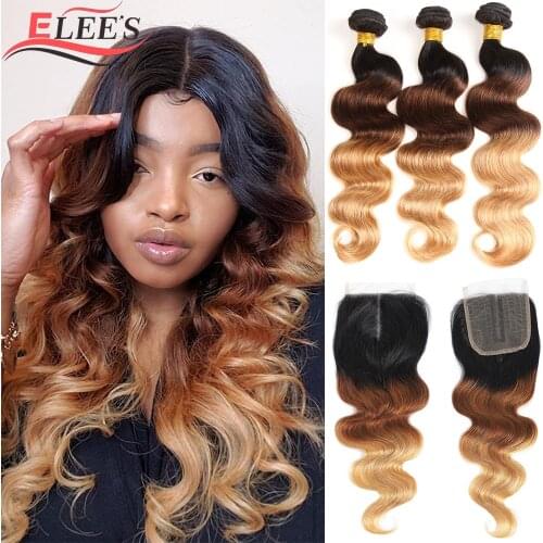 Brazilian Body Wave Hair Weave 3/4 Bundles With Closure Blonde 1B/4/27 Remy Ombre Human Hair Bundles With T Lace Closure