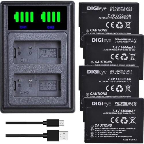 4x DMW-BLC12 DMW-BLC12E DMW-BLC12PP Battery + LED Dual Charger for Panasonic Lumix DMC-FZ200 FZ1000 FZ2500 G5 G6 G7 GX8 G85 GH2