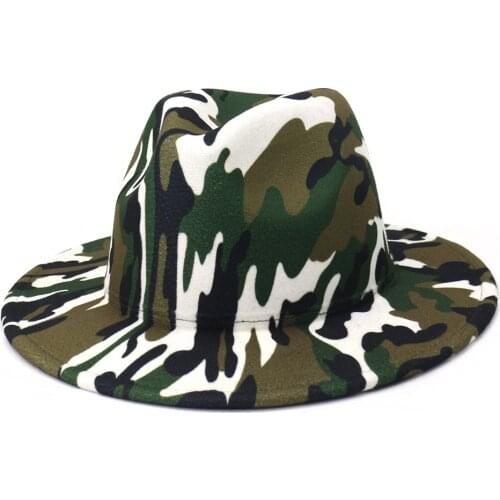 Unisex Vintage Womens Classic Camouflage Hat Men Wide Brim Fedora Jazz Felt Panama Hat Autumn Winter Party Goth Top Wedding Cap
