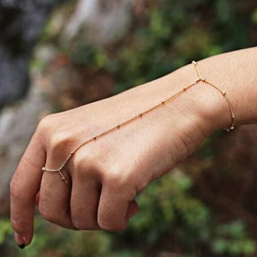 FLTMRH Multi Bangle Slave Chain Link Interweave Finger Rings Hand Harness Bracelets Gold