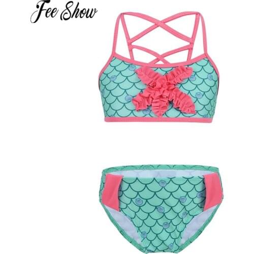 Summer Bathing Suit Set Tops with Bottoms Kids Girls Children Tankini Mermaid Scales Bikini Outfits Swimsuit Swimwear